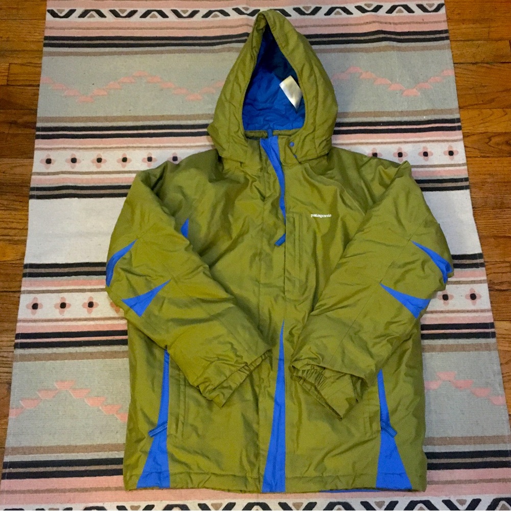 Patagonia Boy’s XXL 16 18 Lime green & blue removable hood velcro & zip puffer